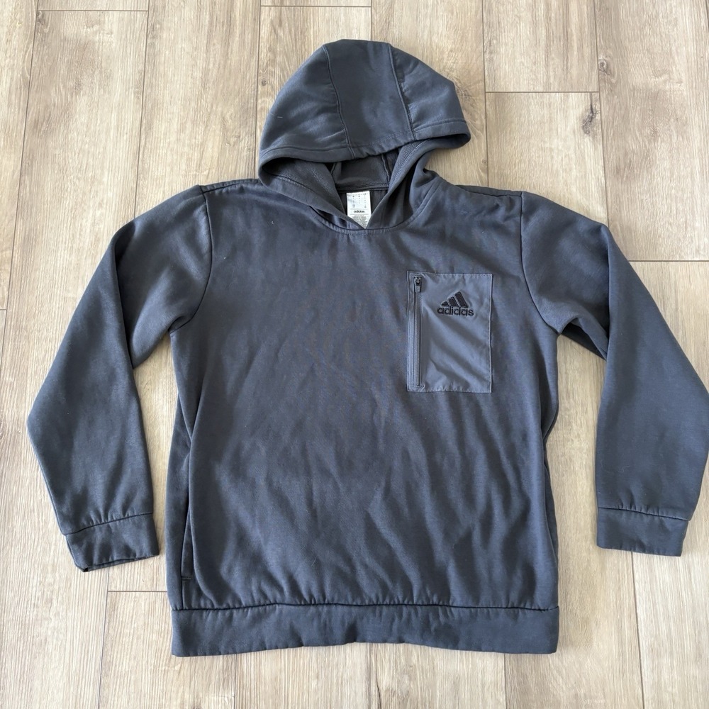 Adidas Gray Fleece Pullover Hoodie Zip Pocket Hooded Long Sleeve Regular Men's L